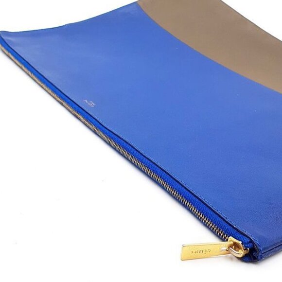 Celine Paris Lambskin Bi-Color Large Clutch Pouch Royal Blue Brown - Picture 4 of 6